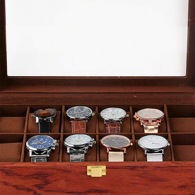 Showcase and protect your collection in style with our luxurious 12-slot wooden watch display box!