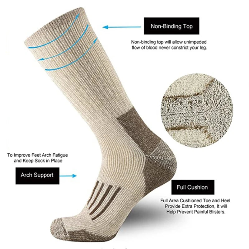 Experience warmth and comfort with our thicken, cushioned crew socks made from 80% Merino wool, perfect for hiking!