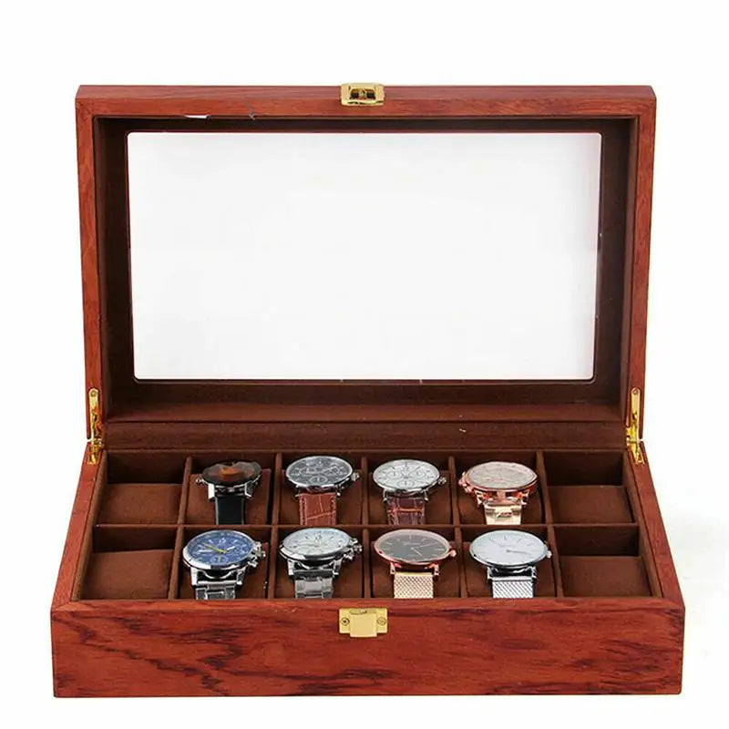 Showcase and protect your collection in style with our luxurious 12-slot wooden watch display box!