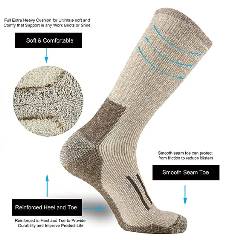 Experience warmth and comfort with our thicken, cushioned crew socks made from 80% Merino wool, perfect for hiking!