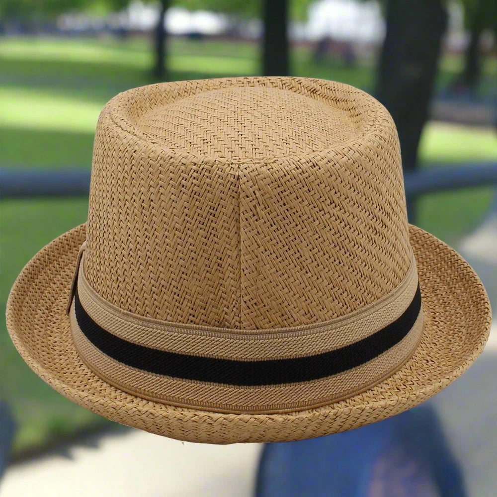 "Elevate your summer style with our Men’s Classical Straw Pork Pie Hat—perfect for the beach, travel, and every outdoor adventure."