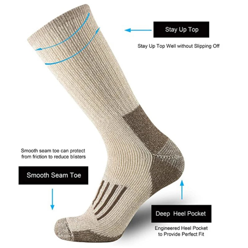 Experience warmth and comfort with our thicken, cushioned crew socks made from 80% Merino wool, perfect for hiking!