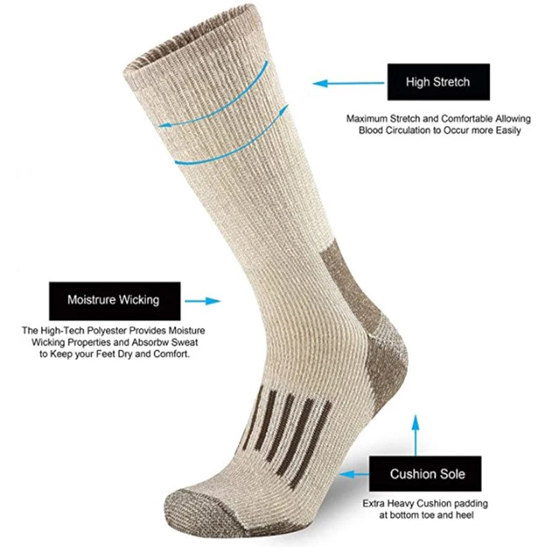 Experience warmth and comfort with our thicken, cushioned crew socks made from 80% Merino wool, perfect for hiking!