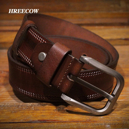 3.8cm men's cowskin belt - luxury full grain cowhide genuine leather belt with high-quality pin buckle strap for jeans.