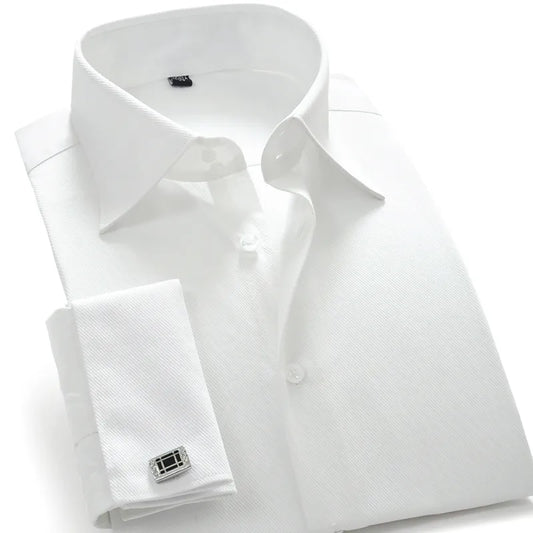 Men's French Cuff Dress Shirt in Solid Twill for Parties, Weddings, and Tuxedo Events Complete with Cufflinks. Made with Easy Care Fabric for Business and Formal Attire.