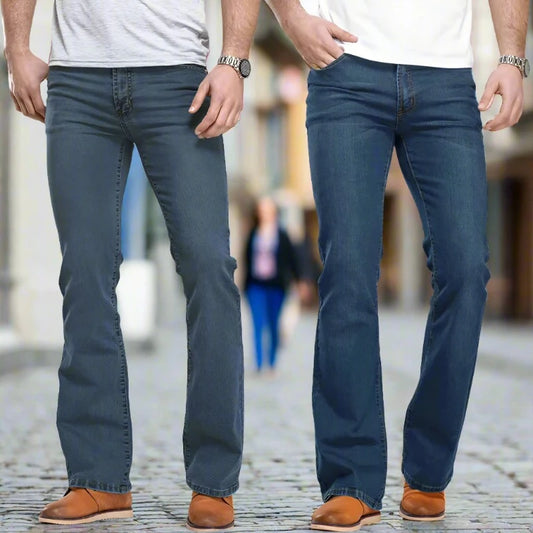 "Step out in style with our Designer Boot Cut Jeans—sleek, slightly flared, and made with stretch denim for a perfect slim fit in classic blue and black."