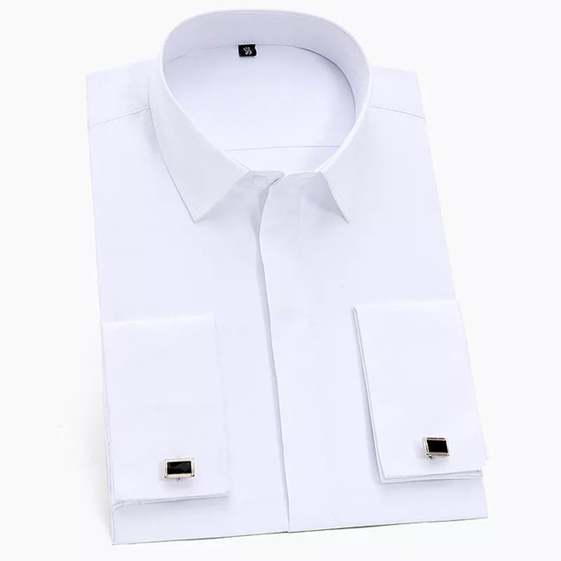 Men's Classic Hidden Button French Cuff Solid Dress Shirt for Formal Business with Standard Fit and Long Sleeves (Includes Cufflinks)