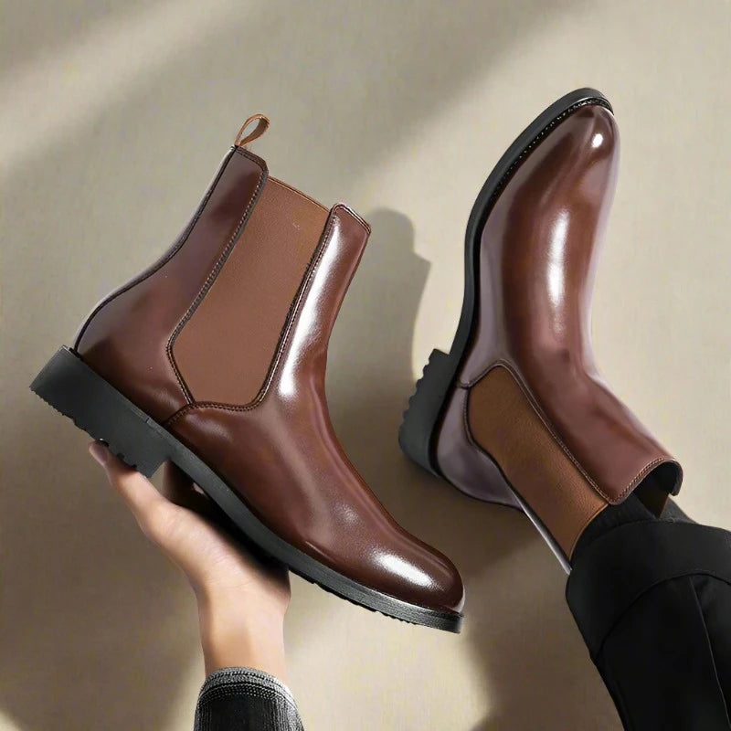 Elevate your style with British Style Chelsea Boots for men. Perfect for autumn, this mid-calf, split leather dress shoes are ideal for business and formal occasions. Experience timeless elegance and comfort with every step.