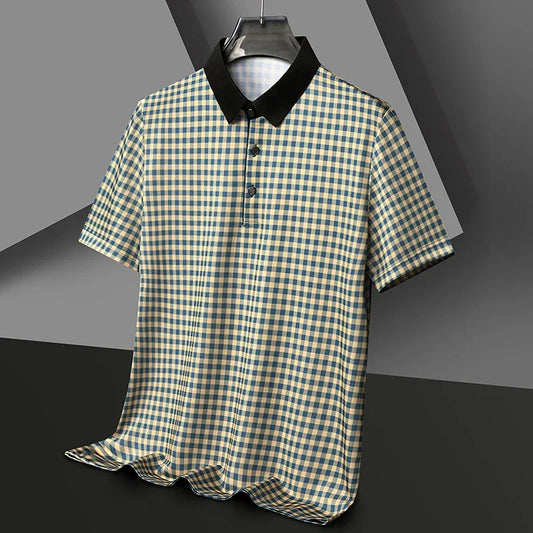 Explore our new men's short-sleeved polo shirt featuring a stylish plaid badge design, perfect for adding a touch of casual sophistication to your wardrobe.