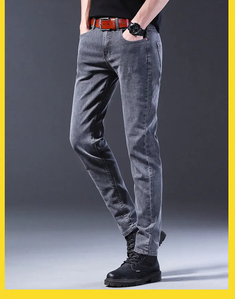 Discover our latest fashion: men's straight grey middle-waist casual denim trousers, blending style and comfort effortlessly.