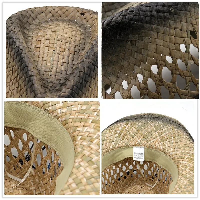 Hollow straw hat. Men's straw cowboy hats in three colours are perfect for summer parties and beach outings.