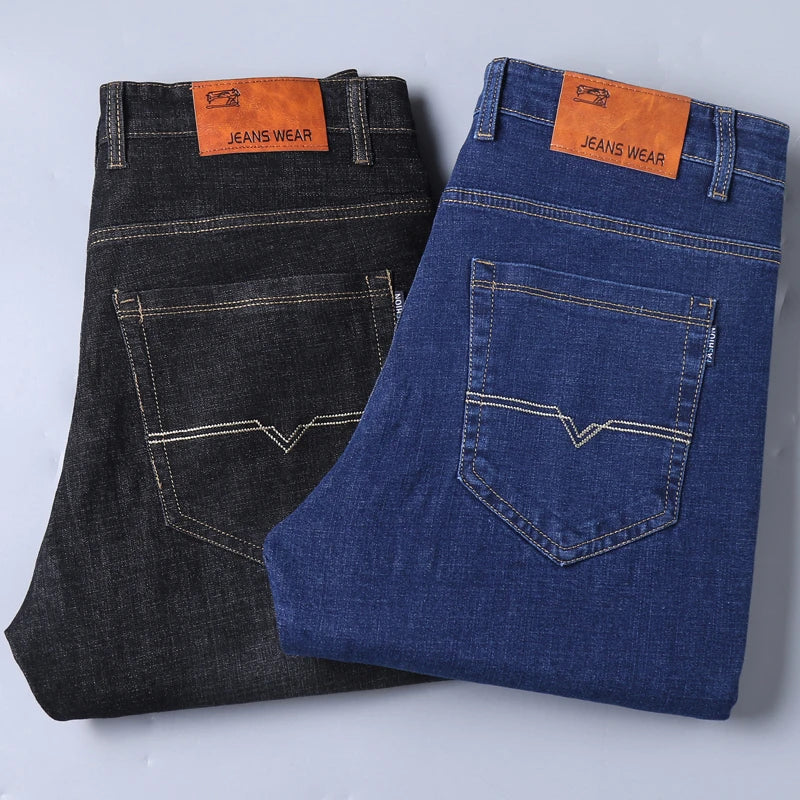 Introducing the 2024 collection of men's fashion business jeans featuring classic style, casual stretch, and slim fit. These male brand denim trousers are available in black and blue.