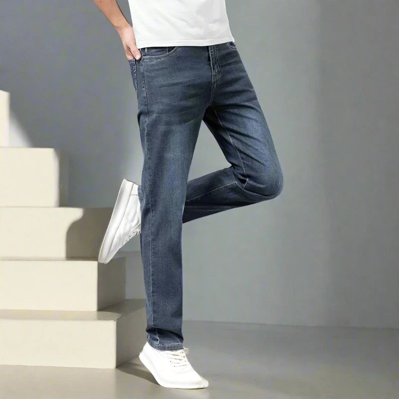 "Upgrade your summer wardrobe with 2024's must-have: High-quality, comfortable, and stylish gray elastic cotton jeans, perfect for business or casual wear!"