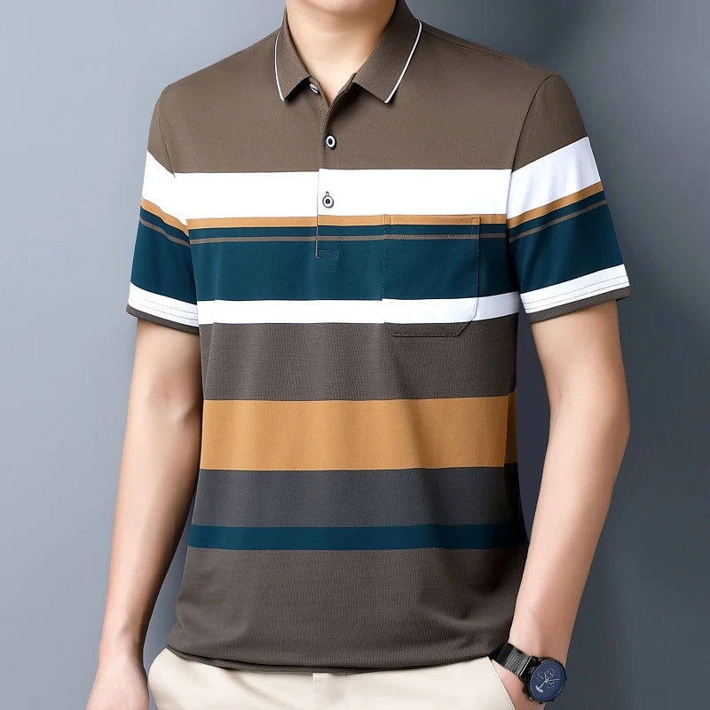 Introducing our new men's short-sleeved polo shirt with a stylish woven striped design, perfect for a fresh and vibrant look.