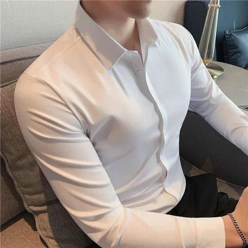 Introducing the Premium Men's Ultra-Stretch Shirt! This high-quality, silky long-sleeve shirt is perfect for both business formal and casual wear.