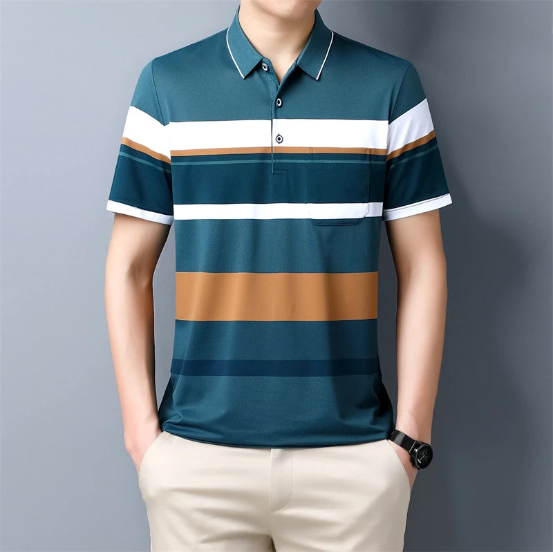 Introducing our new men's short-sleeved polo shirt with a stylish woven striped design, perfect for a fresh and vibrant look.