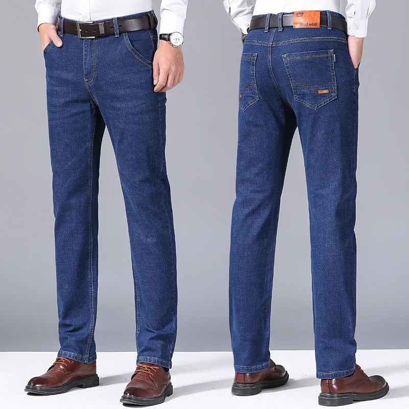 Introducing the 2024 collection of men's fashion business jeans featuring classic style, casual stretch, and slim fit. These male brand denim trousers are available in black and blue.