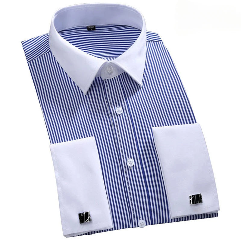 Check out this awesome new men's French cuff dress shirt in white. It's perfect for formal business settings and comes in a regular fit. Plus, it has cufflinks!