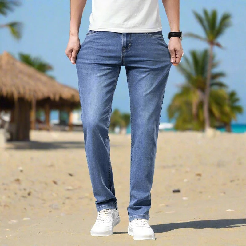 "Upgrade your summer wardrobe with 2024's must-have: High-quality, comfortable, and stylish gray elastic cotton jeans, perfect for business or casual wear!"