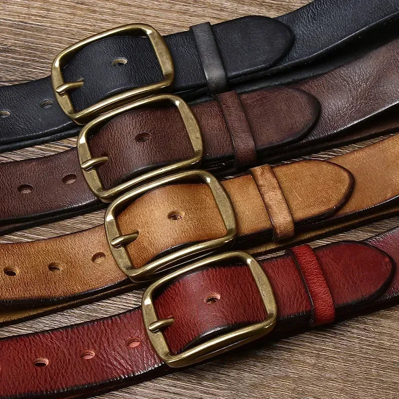 3.8CM Width, 4MM Thick Cowhide Belt: Genuine Leather with Copper Buckle. High-quality, retro luxury strap for men, perfect for casual jeans. Durable and stylish, offering a sophisticated touch to any outfit.