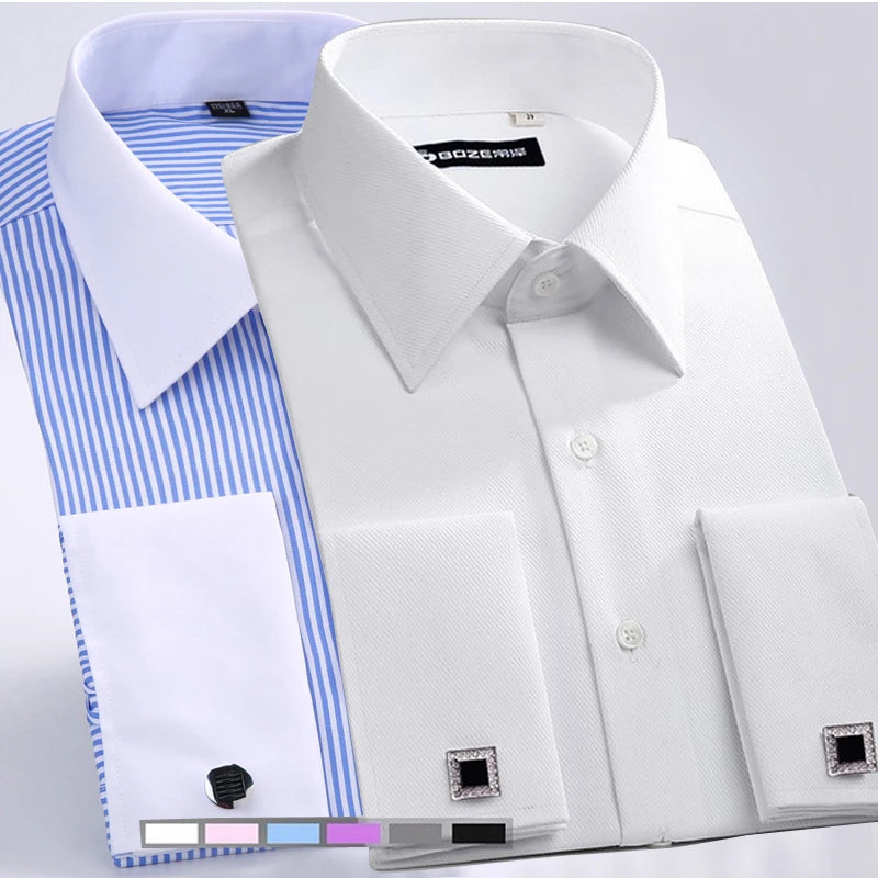 Check out this awesome new men's French cuff dress shirt in white. It's perfect for formal business settings and comes in a regular fit. Plus, it has cufflinks!