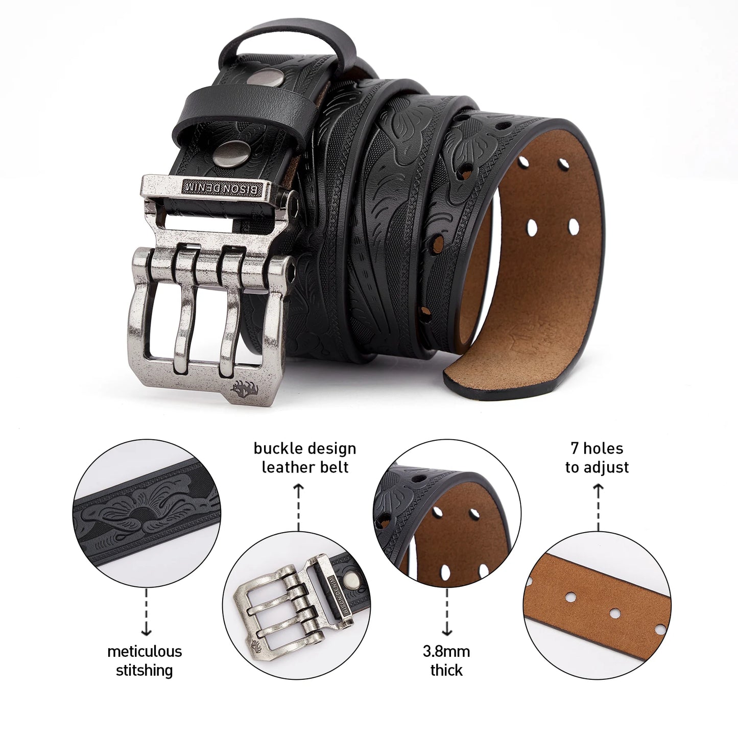 2024 BISON DENIM Men's Belt: Cow Split Genuine Leather, Retro Pin Buckle. Stylish and durable, perfect for business or casual jeans. Fancy male belt offering both function and fashion for the modern man.