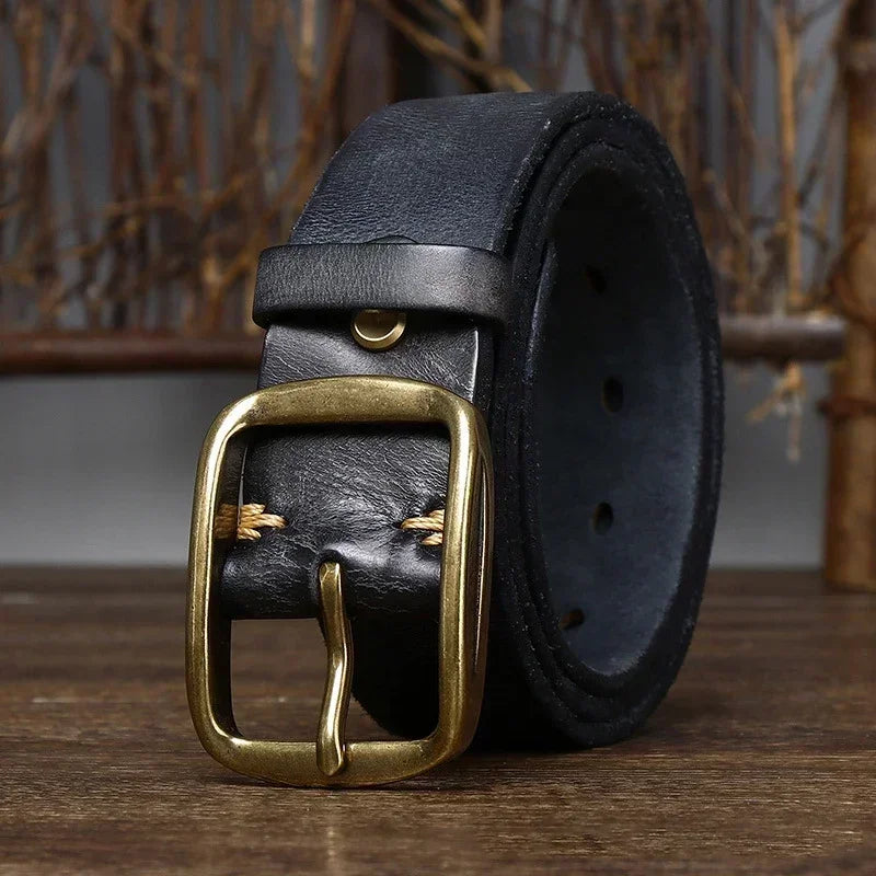 3.8CM Width, 4MM Thick Cowhide Belt: Genuine Leather with Copper Buckle. High-quality, retro luxury strap for men, perfect for casual jeans. Durable and stylish, offering a sophisticated touch to any outfit.