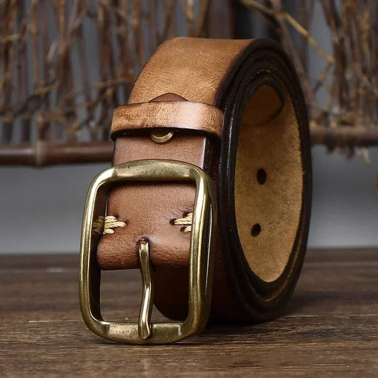 3.8CM Width, 4MM Thick Cowhide Belt: Genuine Leather with Copper Buckle. High-quality, retro luxury strap for men, perfect for casual jeans. Durable and stylish, offering a sophisticated touch to any outfit.