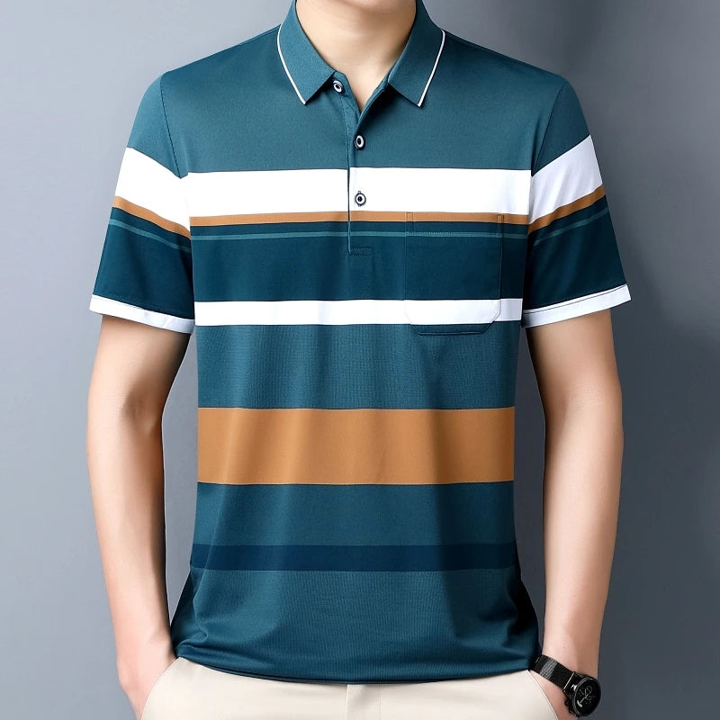 Introducing our new men's short-sleeved polo shirt with a stylish woven striped design, perfect for a fresh and vibrant look.