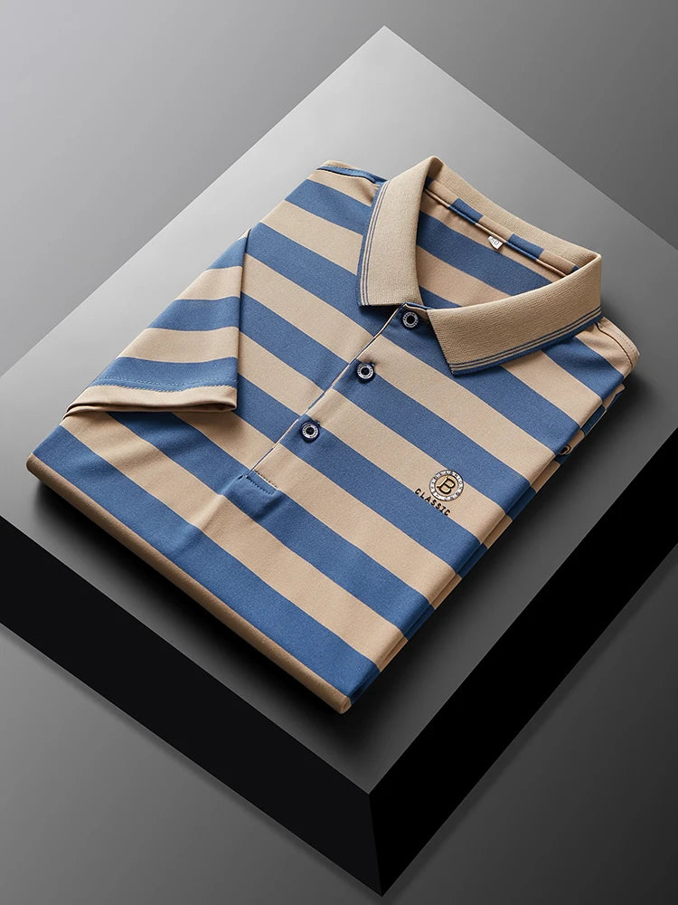 Hey, check out this cool item: New Men's Summer 2024 Letter Printed Short-Sleeved Striped Polo Shirt - perfect for business casual wear, and it's skin-friendly and soft too!