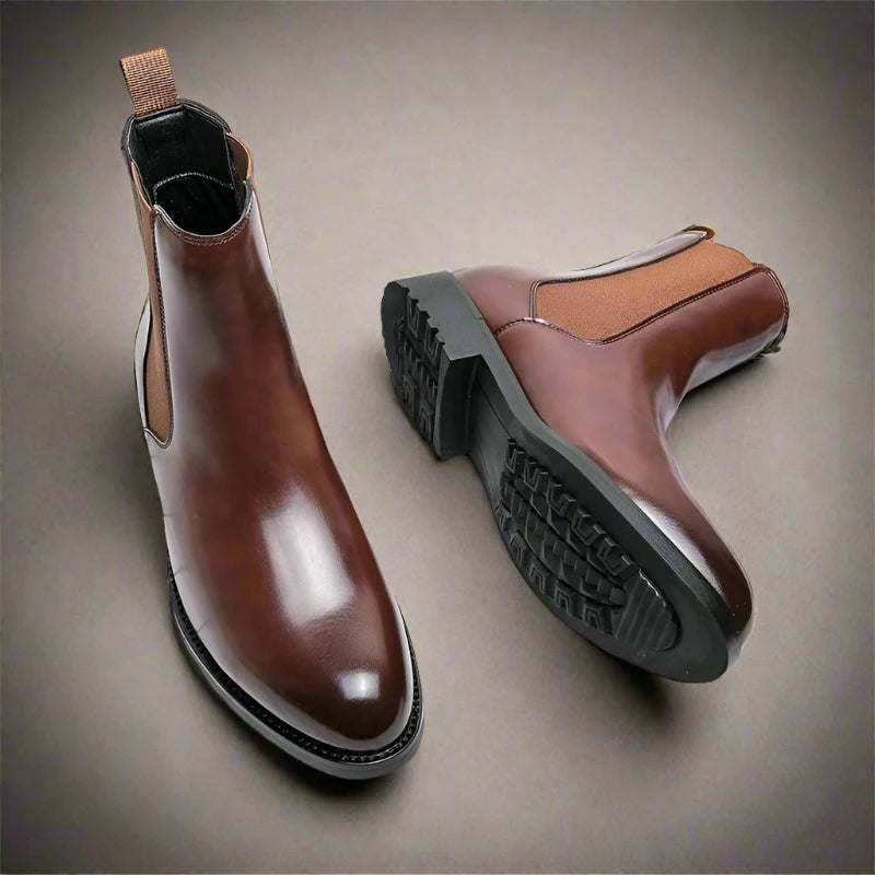 Elevate your style with British Style Chelsea Boots for men. Perfect for autumn, this mid-calf, split leather dress shoes are ideal for business and formal occasions. Experience timeless elegance and comfort with every step.