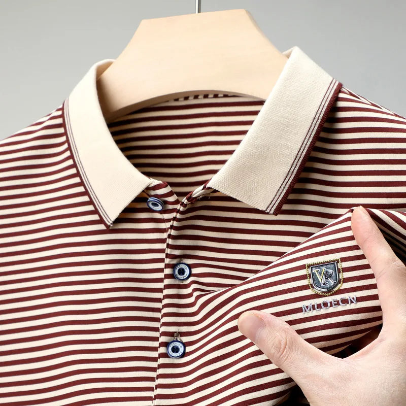 Introducing our new men's summer cotton short-sleeved T-shirt featuring a stylish lapel, striped print, and loose fit—a modern twist on the classic dad's polo shirt.