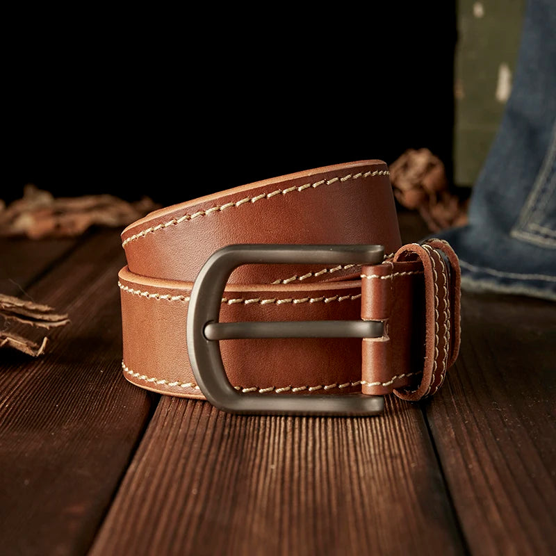 Check out this awesome 3.8cm width, thickened, handmade genuine leather belt with an alloy pin buckle. It's a cowhide leather waist strap, perfect for adding a touch of fashion to men's pants.