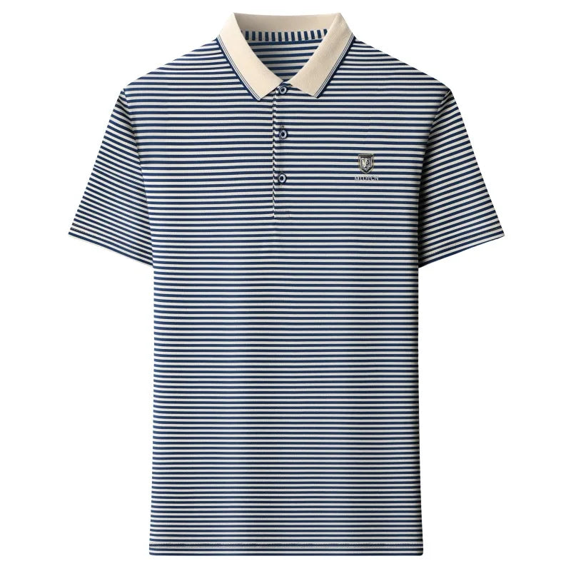 Introducing our new men's summer cotton short-sleeved T-shirt featuring a stylish lapel, striped print, and loose fit—a modern twist on the classic dad's polo shirt.