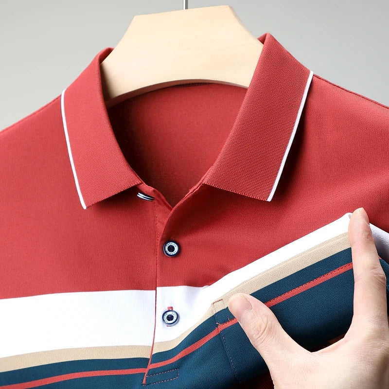 Introducing our new men's short-sleeved polo shirt with a stylish woven striped design, perfect for a fresh and vibrant look.