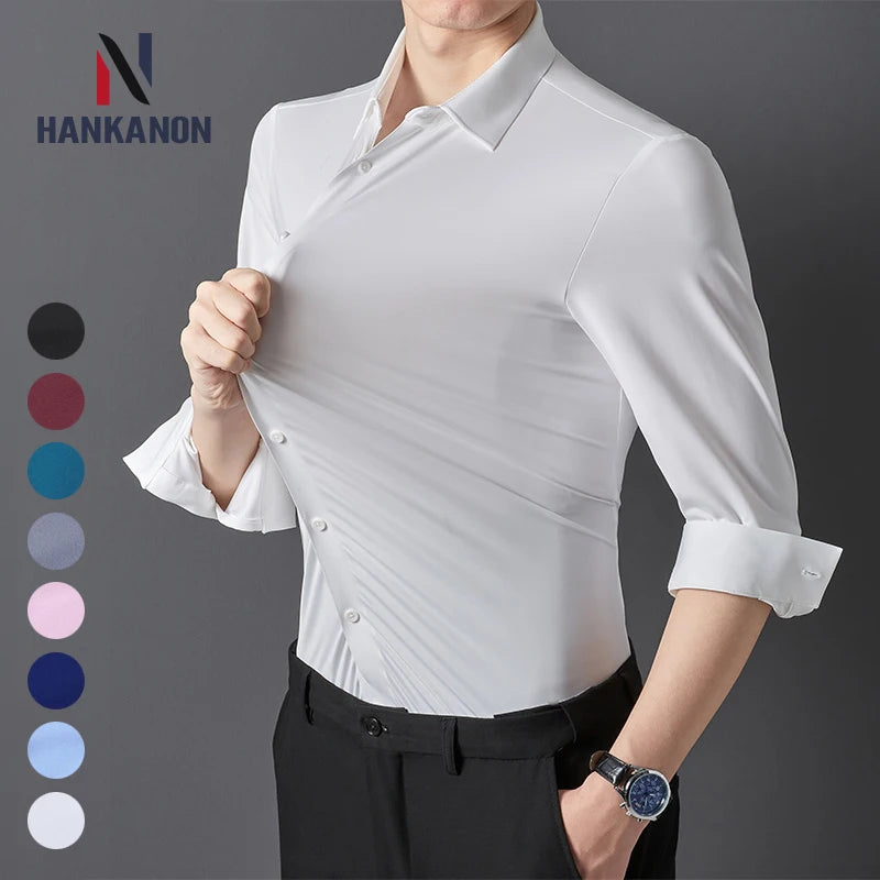 Introducing the Premium Men's Ultra-Stretch Shirt! This high-quality, silky long-sleeve shirt is perfect for both business formal and casual wear.