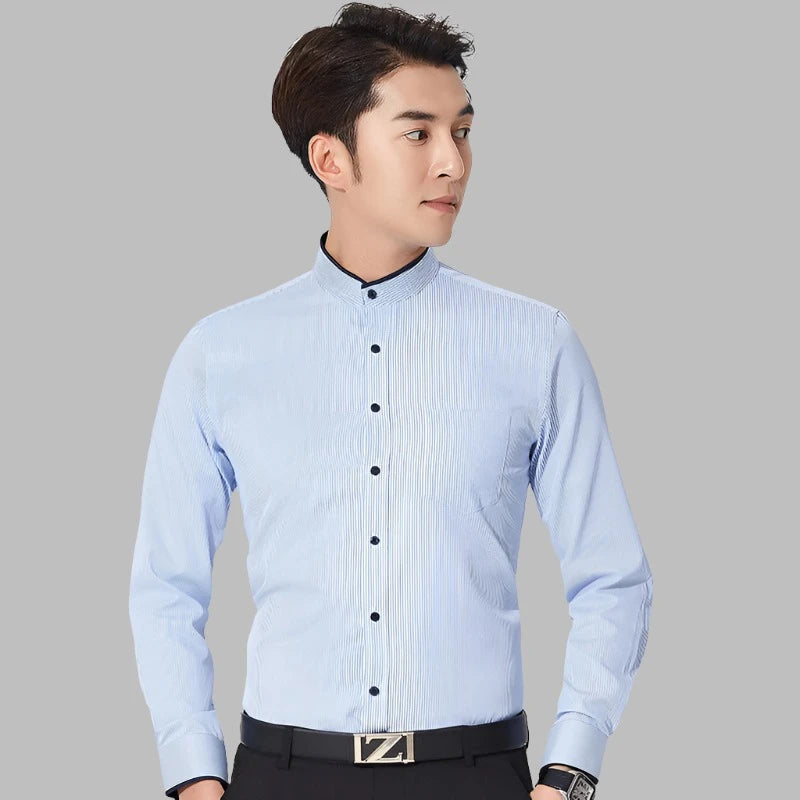 Elevate your professional look with our men's long sleeve, anti-wrinkle shirt featuring a slim fit and small lapel, perfect for business formal attire.