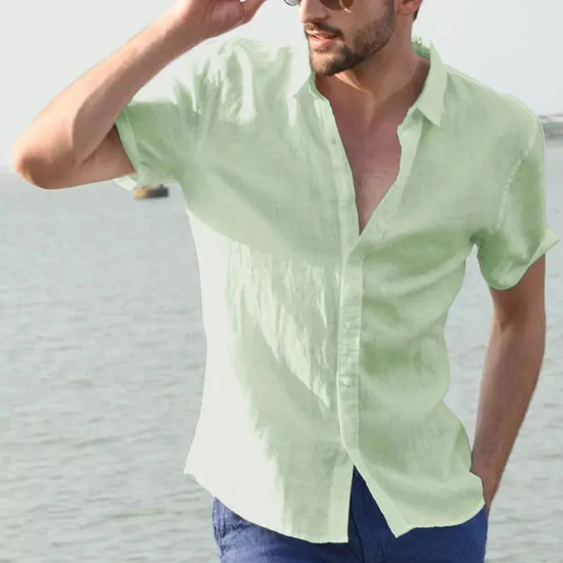 Summer Short Sleeve Shirts Man Cotton Linen Shirt Men White