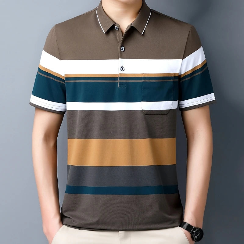 Introducing our new men's short-sleeved polo shirt with a stylish woven striped design, perfect for a fresh and vibrant look.