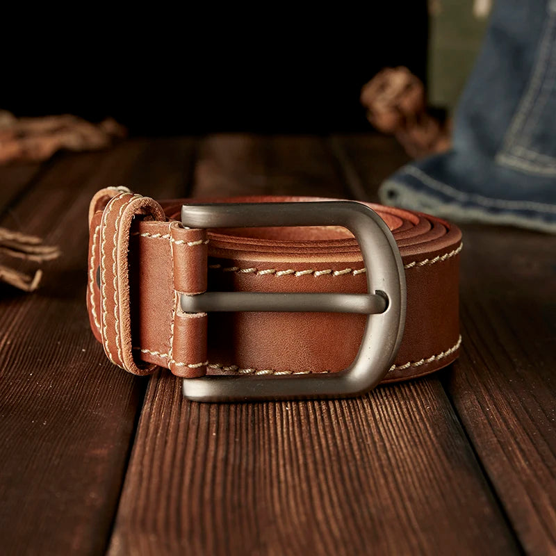 Check out this awesome 3.8cm width, thickened, handmade genuine leather belt with an alloy pin buckle. It's a cowhide leather waist strap, perfect for adding a touch of fashion to men's pants.