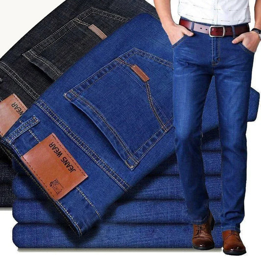 Introducing the 2024 collection of men's fashion business jeans featuring classic style, casual stretch, and slim fit. These male brand denim trousers are available in black and blue.