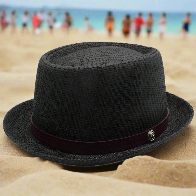 "Elevate your summer style with our Men's Straw Pork Pie Hats – perfect for outdoor adventures, beach days, and travel. Available in US size 7 1/4 and UK size L."