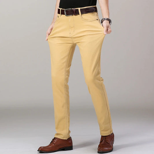 New Men's Khaki Jeans for Pants Classic Business Fashion Solid Color Cotton Stretch Slim Denim Trousers Male SIZES 28-40