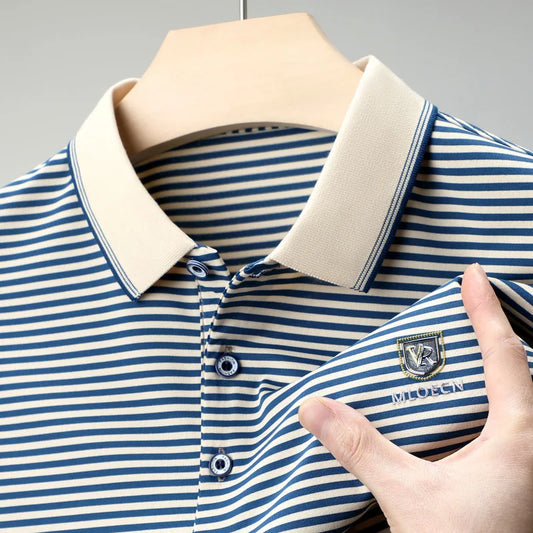 Introducing our new men's summer cotton short-sleeved T-shirt featuring a stylish lapel, striped print, and loose fit—a modern twist on the classic dad's polo shirt.