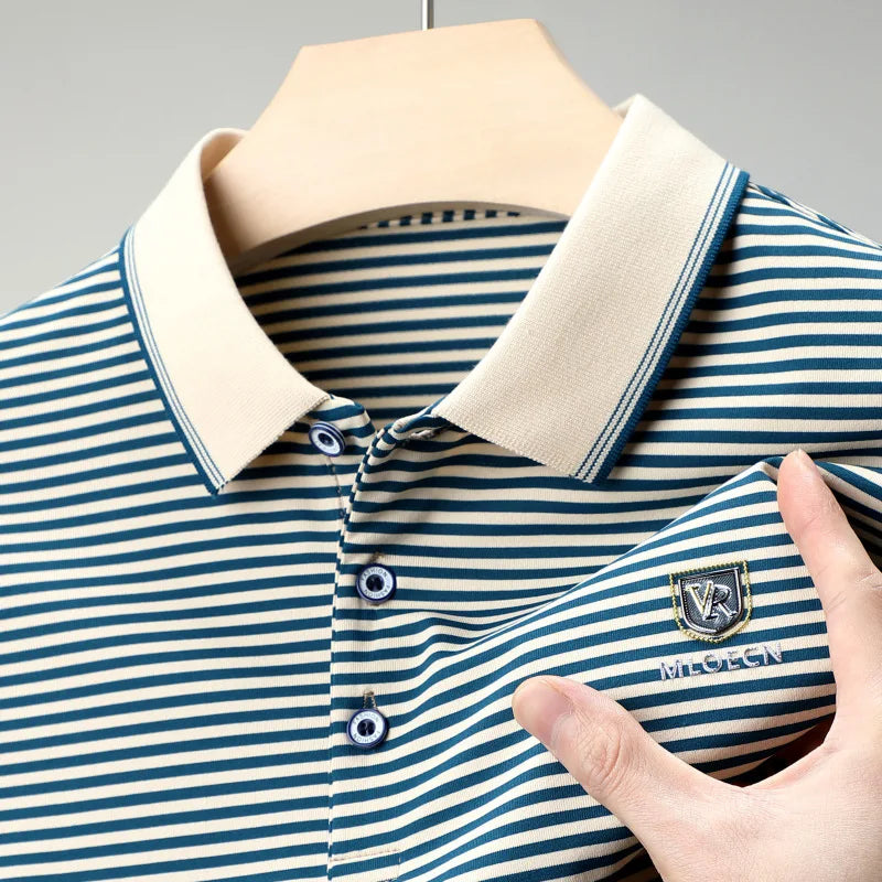 Introducing our new men's summer cotton short-sleeved T-shirt featuring a stylish lapel, striped print, and loose fit—a modern twist on the classic dad's polo shirt.