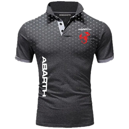 Introducing our high-quality men's cotton polo shirt for summer, featuring a sophisticated business casual design with a lapel collar and Abarth logo print—an elegant choice for stylish comfort.