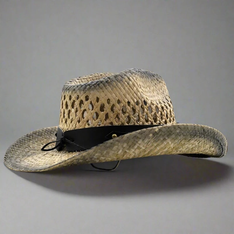 Hollow straw hat. Men's straw cowboy hats in three colours are perfect for summer parties and beach outings.