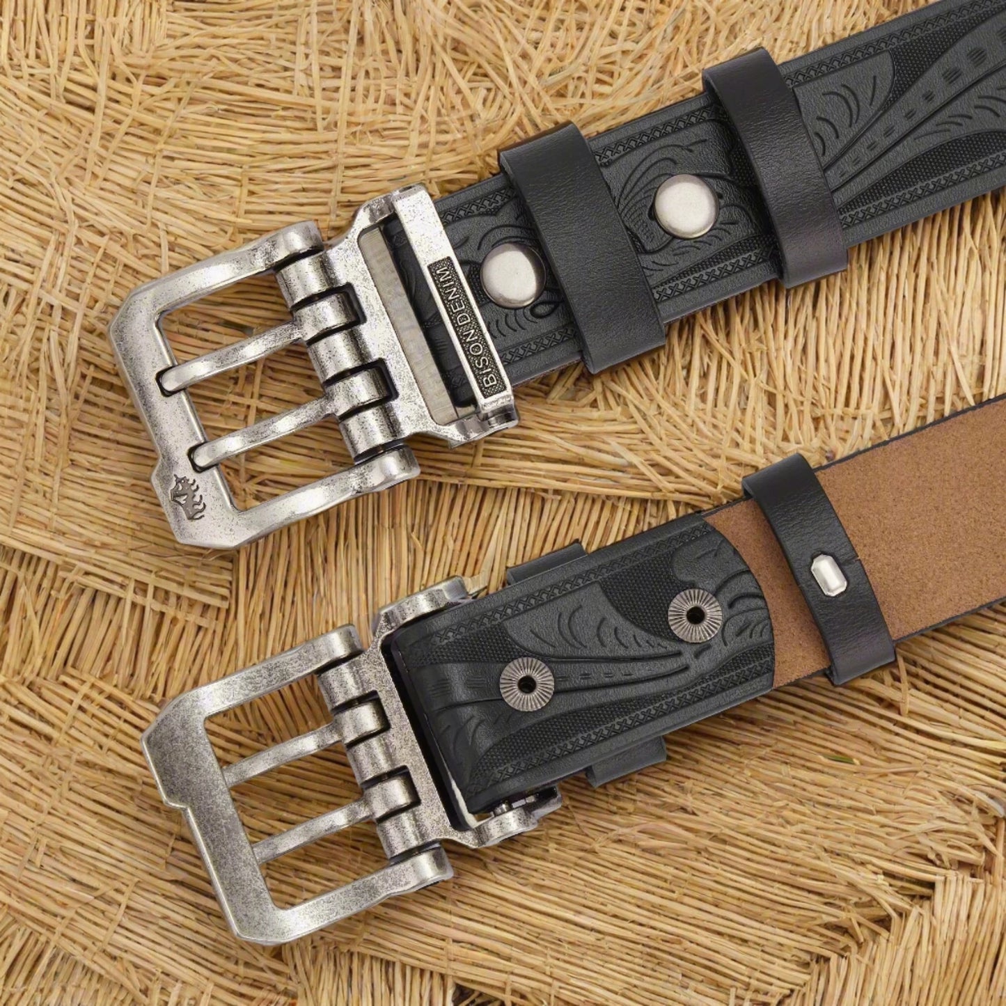 2024 BISON DENIM Men's Belt: Cow Split Genuine Leather, Retro Pin Buckle. Stylish and durable, perfect for business or casual jeans. Fancy male belt offering both function and fashion for the modern man.