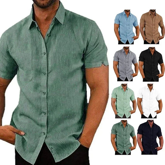 Summer Cotton Linen Shirts for Men Casual Short Sleeved Shirts