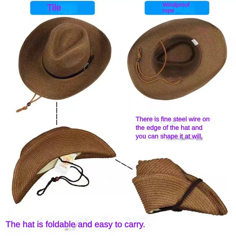 New 62cm Extra Large Size Foldable Jazz Straw Hat for Men, Summer Beach Sun Hat with Lanyard, Sunscreen for Outdoor Sports, Wholesale